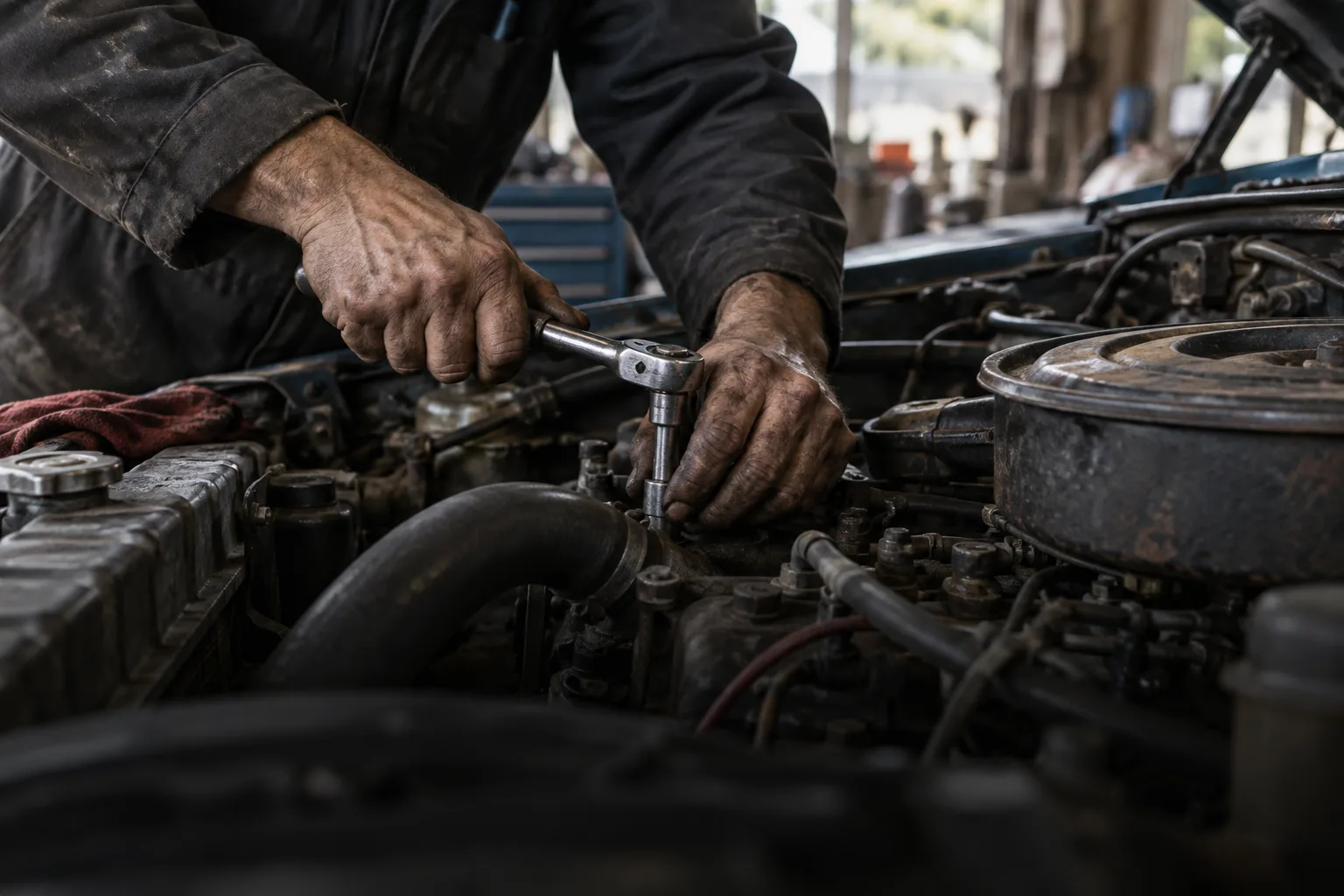 Illustrative scene of grease-marked hands working on a car engine